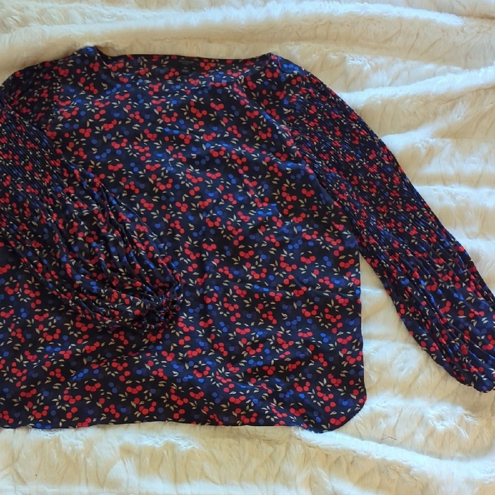 Ann Taylor Navy Blouse with Red and Blue Floral Pattern